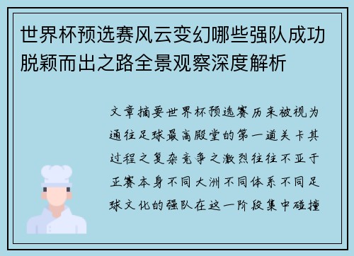 世界杯预选赛风云变幻哪些强队成功脱颖而出之路全景观察深度解析